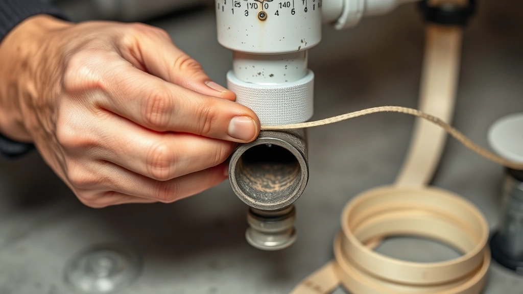 Hands wrapping plumber's thread seal tape clockwise around male threads of disposal discharge outlet port with visible tape spool nearby