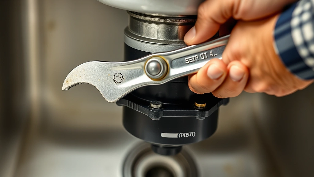 Close-up of hands tightening mounting bolts on garbage disposal unit using adjustable wrench, showing proper grip and technique, disposal mounted to sink flange with metal rings visible