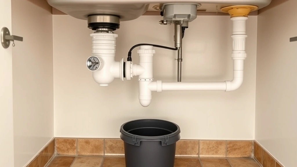 Completed garbage disposal installation under sink showing properly connected P-trap, discharge tube, and drain pipes with bucket positioned below for leak detection, organized and clean workspace