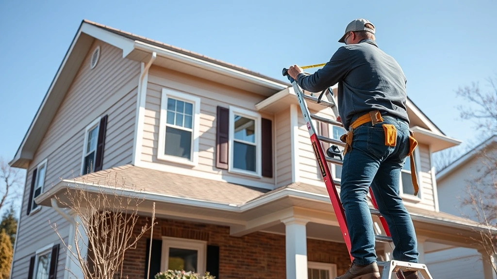 Person measuring roof edge with tape measure while standing on extended ladder against two-story residential home, clear day