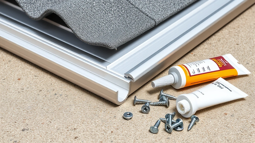 Close-up of aluminum gutter sections with connectors, fasteners, and sealant tube arranged on work surface, showing installation components