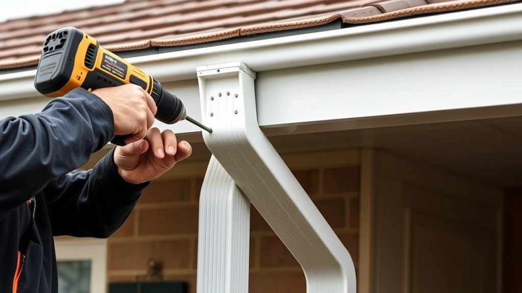 Worker installing downspout bracket to home exterior with drill, gutter visible above, professional residential installation in progress