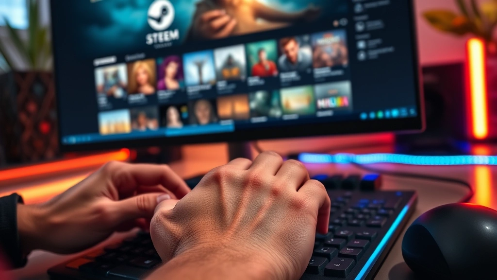 Close-up of hands typing on a computer keyboard with Steam game library visible on monitor screen, warm indoor lighting, modern gaming setup with RGB peripherals