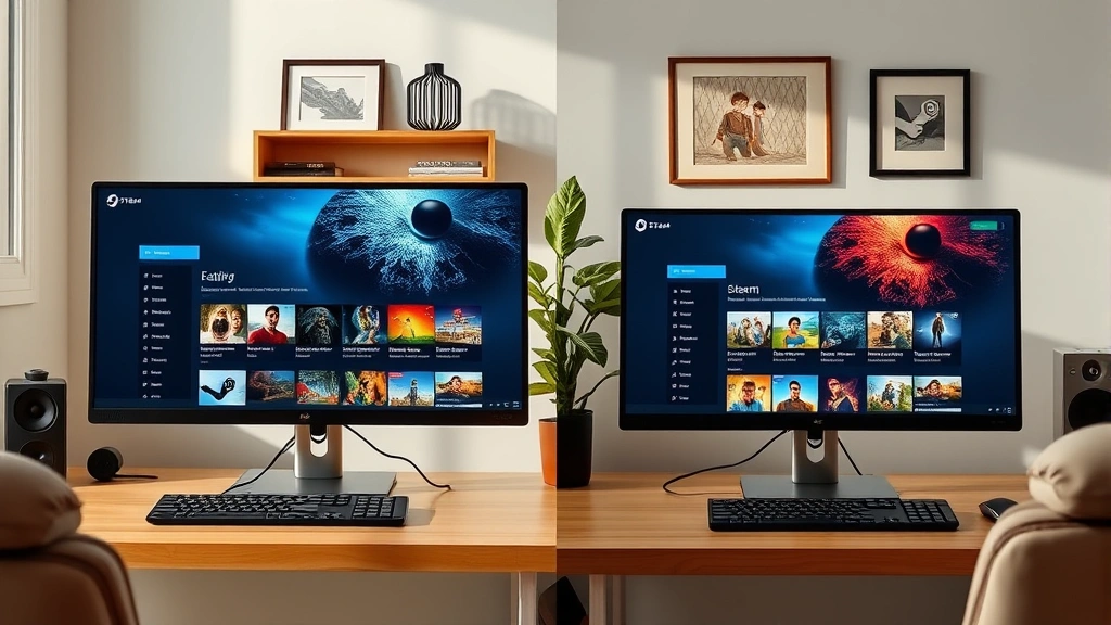 Split-screen showing two different computers in separate rooms, both displaying Steam library interfaces, demonstrating family sharing between locations with natural daylight