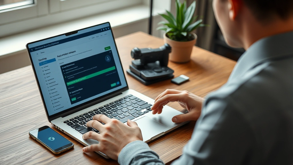 Person sitting at desk with laptop open to Steam account settings and security options visible, with authentication app on smartphone nearby, professional home office environment
