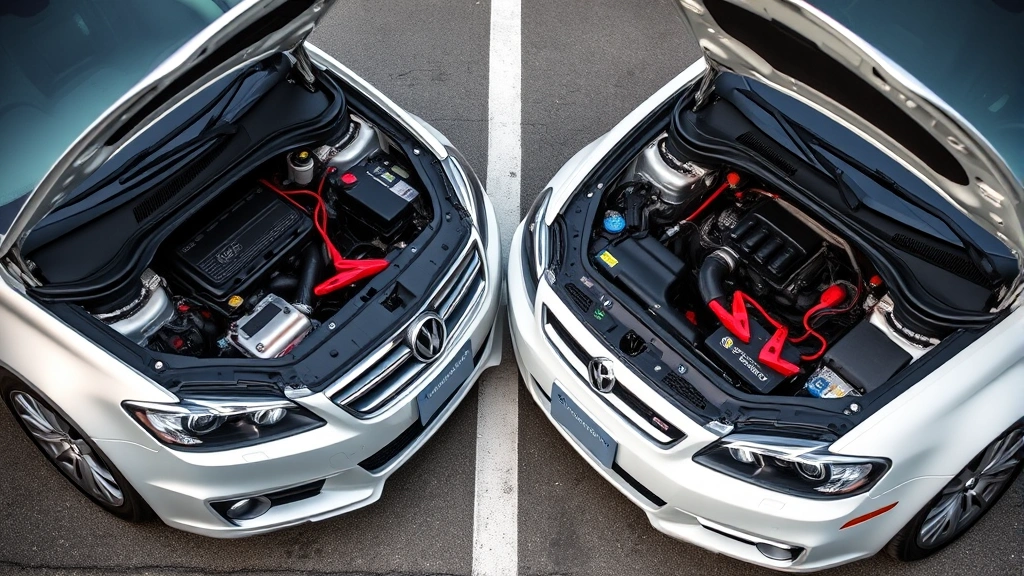 Two cars parked close together with hoods open, revealing engine bays and batteries positioned for jump starting, demonstrating proper vehicle positioning and spacing