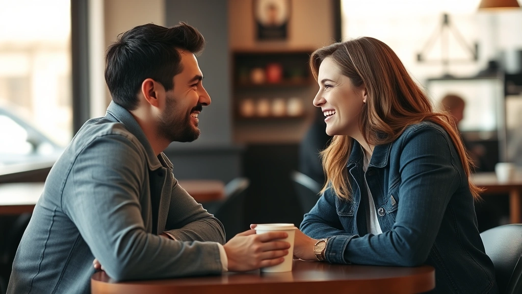 Two people having an engaged conversation at a coffee shop, facing each other with genuine smiles and open body language, one person leaning forward attentively, warm natural lighting through windows