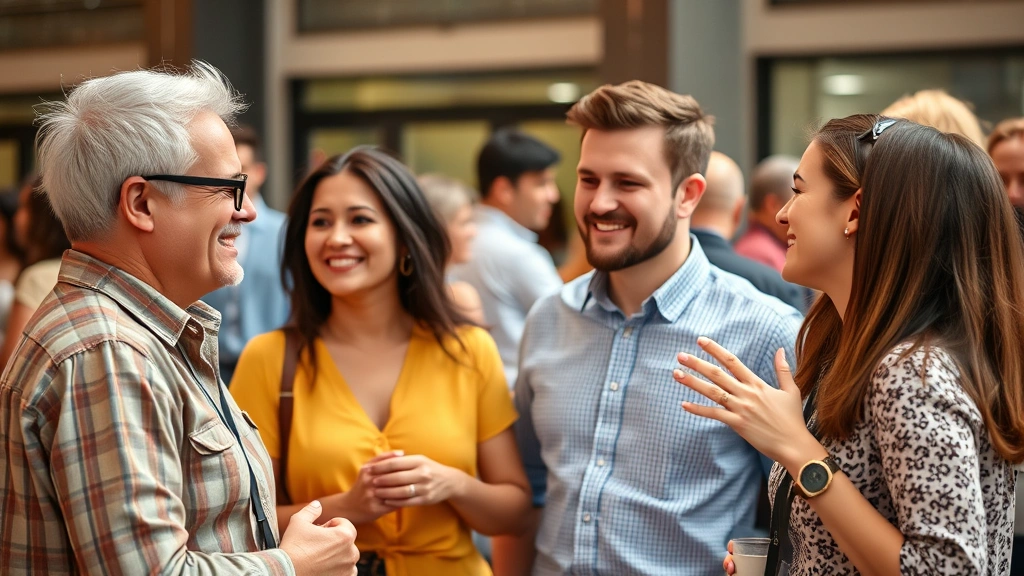 Group of four people in casual conversation at a gathering, everyone engaged and smiling, some gesturing while talking, natural lighting showing genuine connection and comfortable interaction