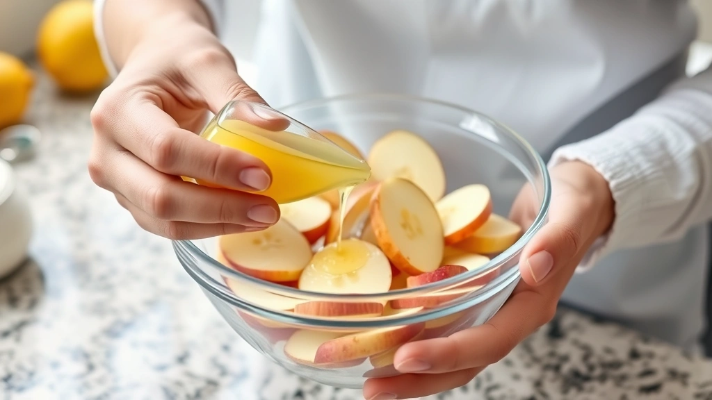 Person's hands coating apple slices with lemon juice in a glass bowl, clear liquid visible on apple surfaces, bright kitchen setting with countertop