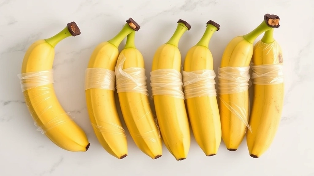 Separated individual bananas with plastic wrap around stems on a white marble countertop, showing proper storage separation technique without text or labels