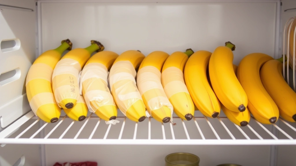 Cool pantry shelf with separated wrapped bananas in ideal storage position, away from sunlight and heat sources, organized neatly without any visible text