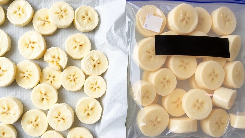 Close-up of frozen banana slices on parchment paper and in clear freezer bags, showing proper freezing method for long-term storage without any labeling visible