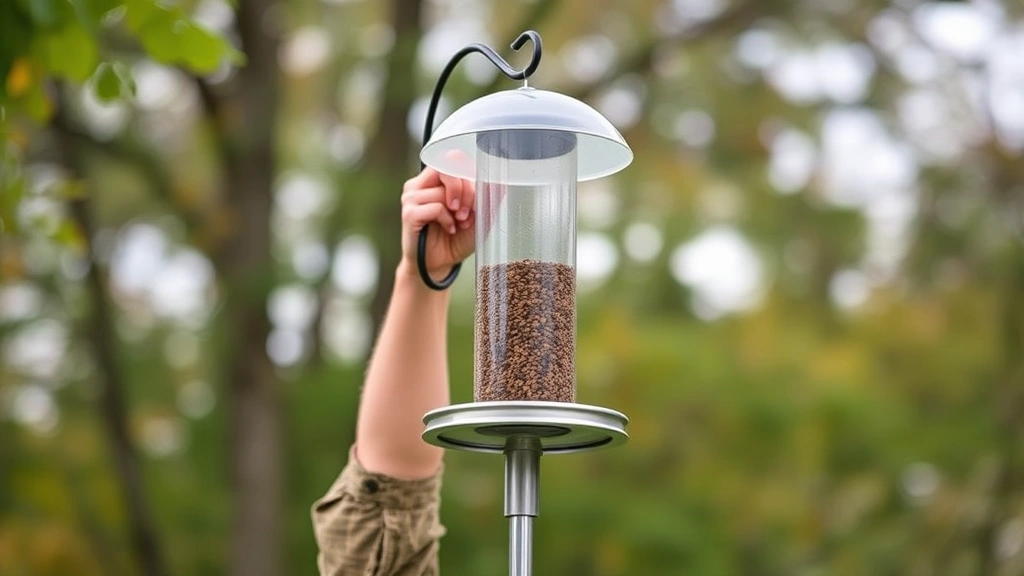 Person installing weight-activated squirrel-proof bird feeder on metal pole with dome baffle above, holding feeder at proper height, trees visible in soft focus background