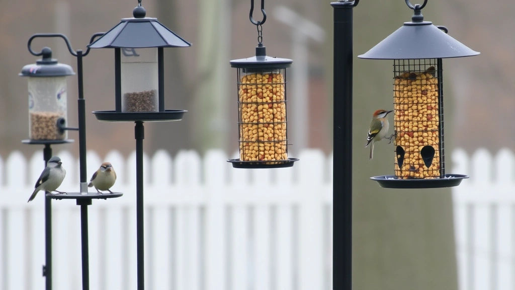 Multiple bird feeder types arranged on poles at varying heights with baffles, squirrel feeding from corn feeder in distance, birds actively feeding at protected feeders