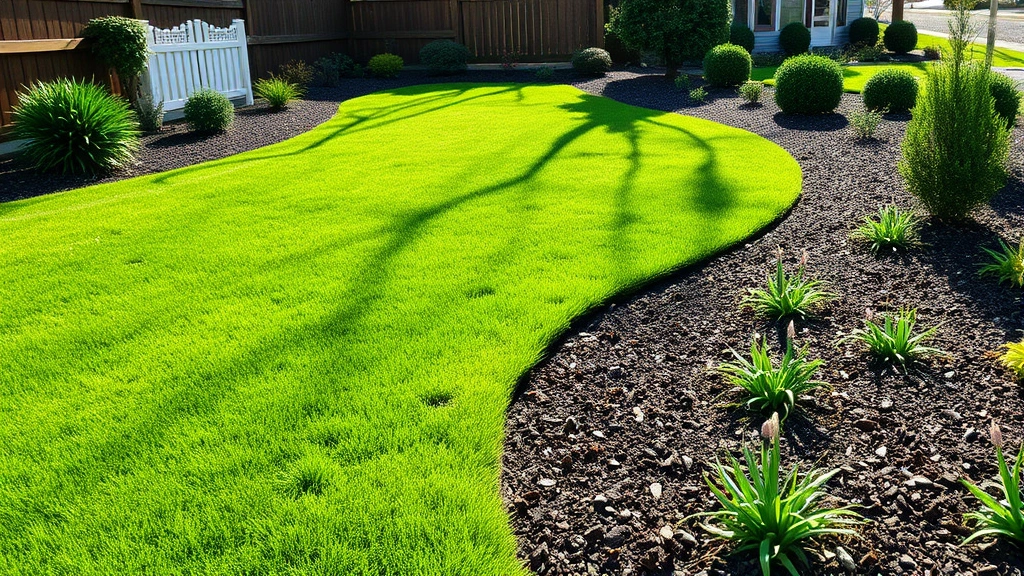 Garden scene showing lush healthy lawn and mulched beds free of weeds, spring morning sunlight