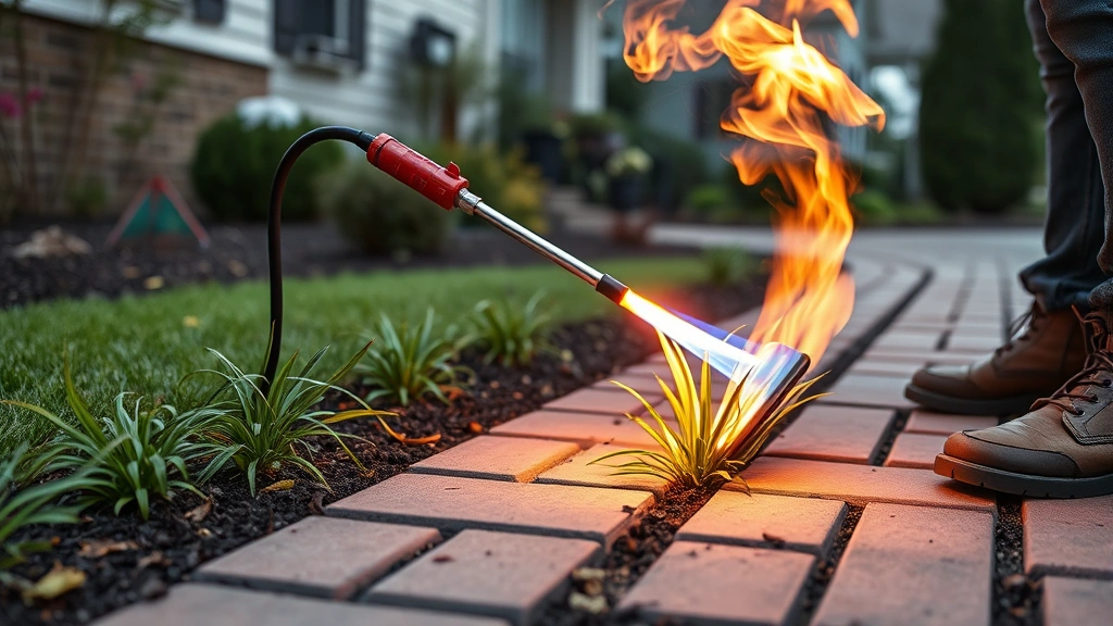 Gardener holding propane torch flame weeding between pavers and driveway cracks, concentrated focus