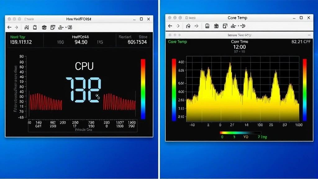 Split-screen comparison showing HWiNFO64 and Core Temp temperature monitoring software interfaces displaying real-time CPU temperature readings and thermal graphs