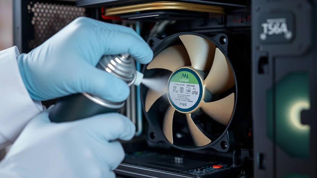 Technician cleaning a dusty computer heatsink and fan with compressed air, demonstrating proper maintenance technique for improving CPU cooling efficiency