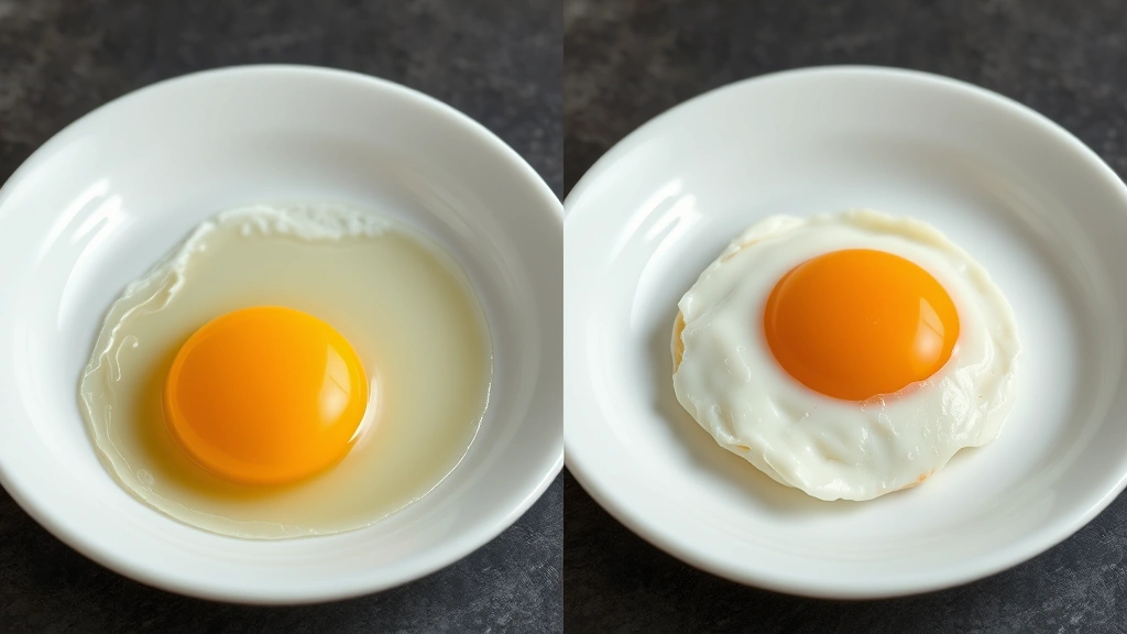Split-screen comparison showing a fresh egg cracked on left side with thick clear white and firm centered yolk, and an old egg on right side with thin watery white and flat yolk, on white ceramic plate