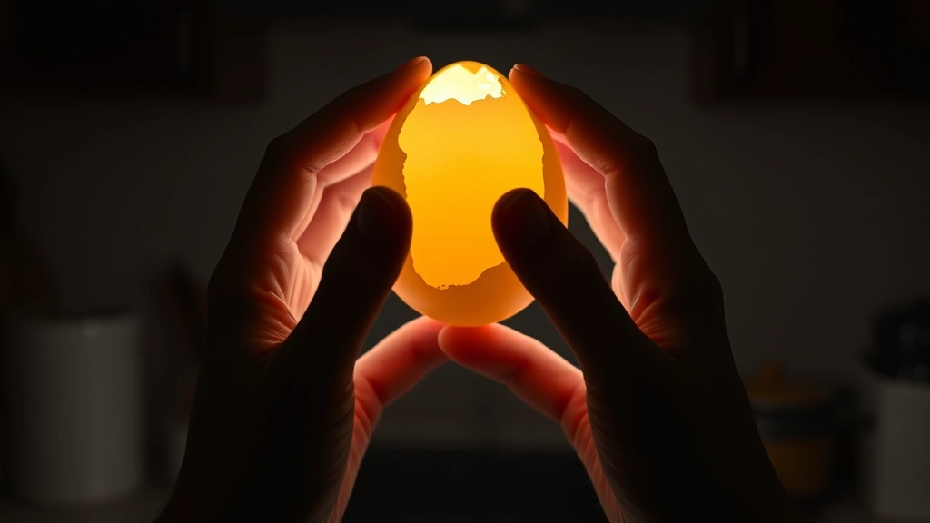 Hands holding an egg up to bright light source performing candling method, showing the air cell and interior egg structure silhouetted against the light, dark kitchen background for contrast