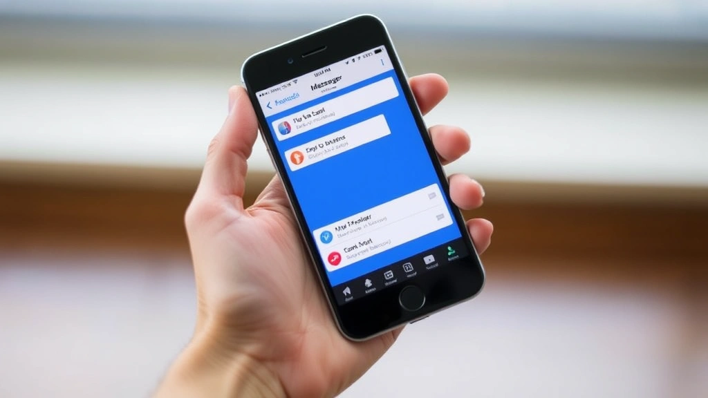Hands holding smartphone showing Facebook Messenger app open with message sending interface and empty delivery status indicators visible