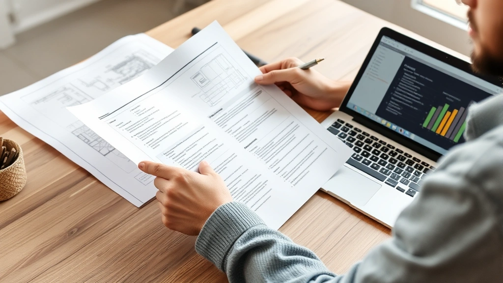A hands-on DIY homeowner reading a technical research document at a desk with architectural plans and a laptop showing academic databases
