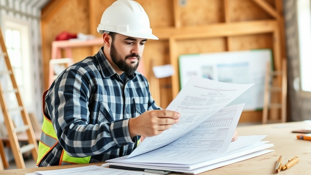 Professional contractor reviewing building code standards and peer-reviewed research documents while preparing a renovation project plan