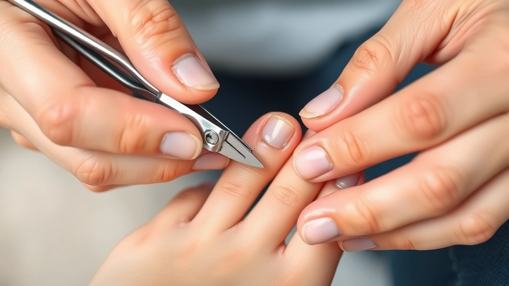 Hands carefully trimming and filing a toenail with proper nail clippers and file, showing good nail hygiene practices during fungal treatment recovery