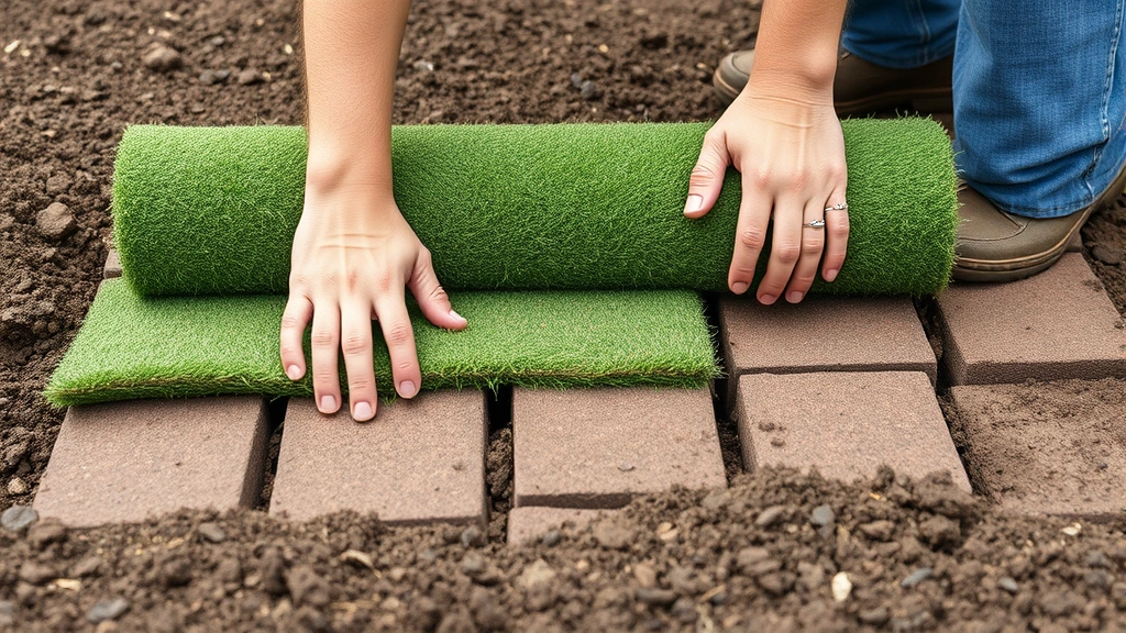 Worker laying sod rolls in staggered brick pattern on prepared soil, hands pressing down on green grass roll to ensure contact