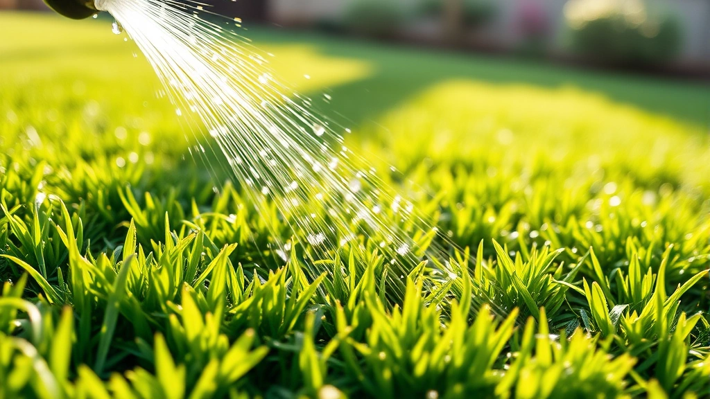 Freshly installed sod lawn with garden hose watering, water droplets visible on bright green grass, morning sunlight