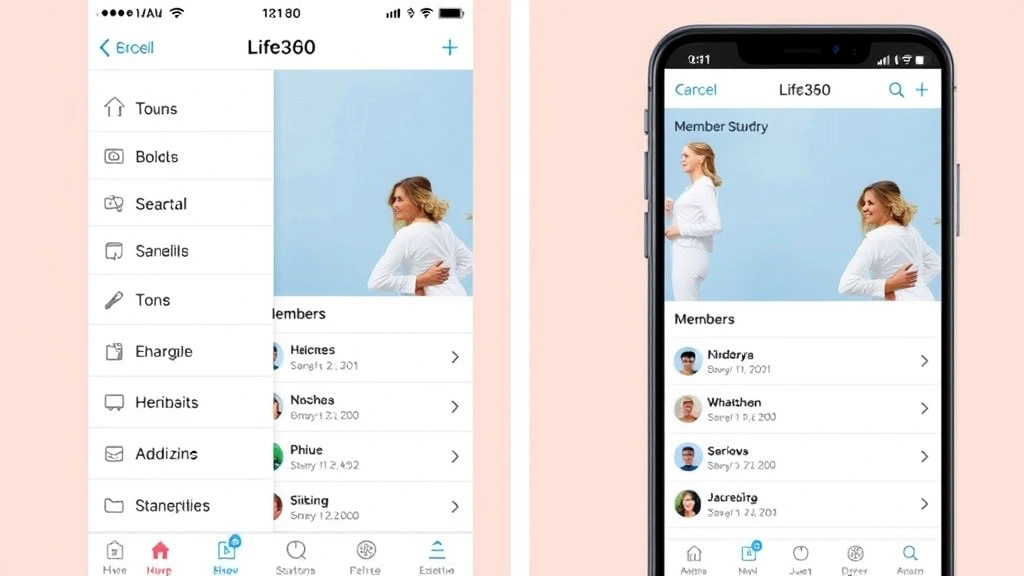 Split-screen showing iOS and Android Life360 app menus side-by-side, displaying location sharing features and member lists, clean digital interface photography