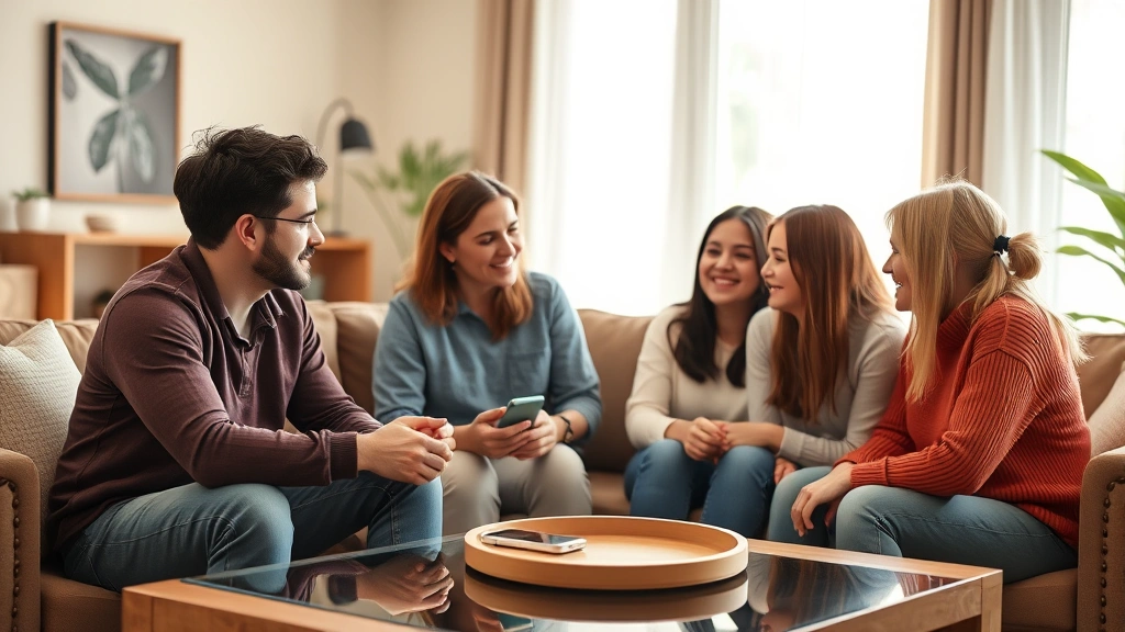 Family of four having a conversation in living room, parents and teenagers discussing around coffee table with smartphone visible, warm natural lighting, genuine interaction