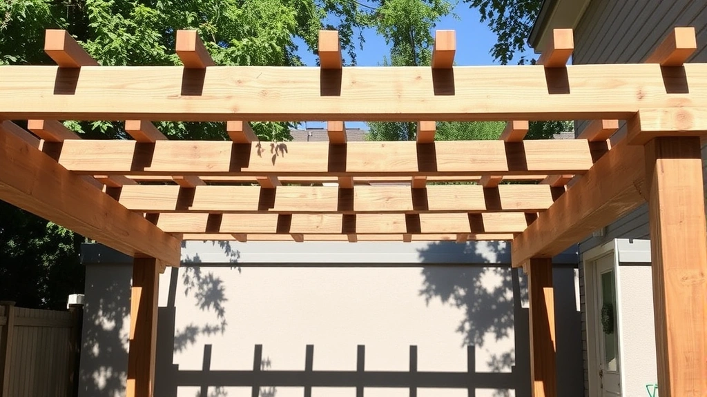 Completed pergola frame showing horizontal beams connected to vertical posts with decorative cross-beams on top, natural wood finish, dappled sunlight creating shadows on ground below, outdoor patio furniture partially visible