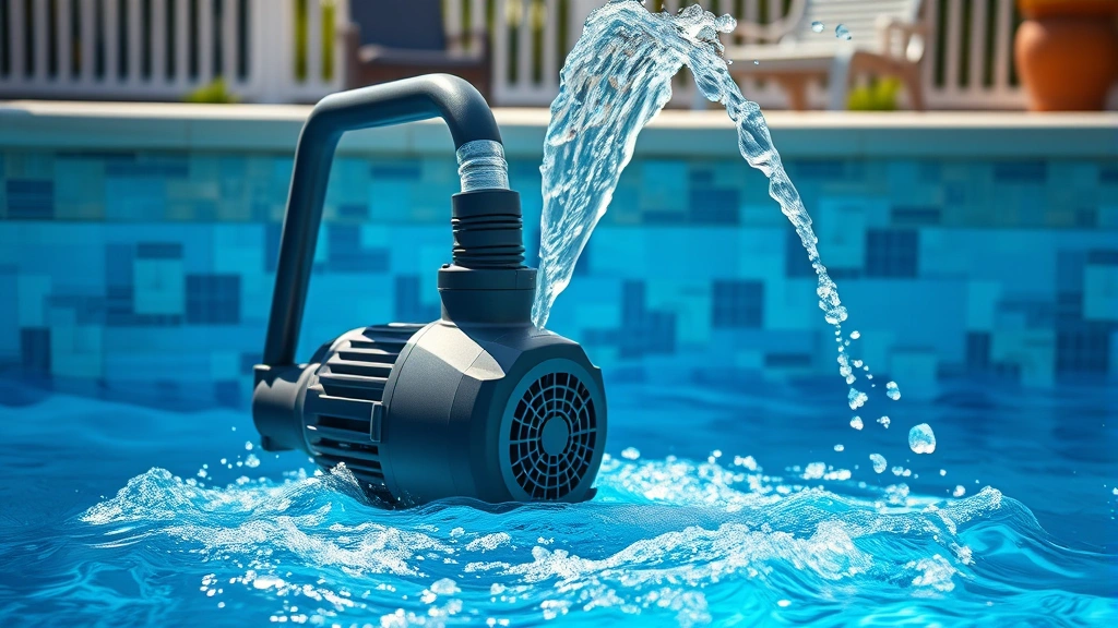 Pool pump and circulation system running with water flowing from return jet, showing turbulent water mixing in sunny residential pool setting with deck visible