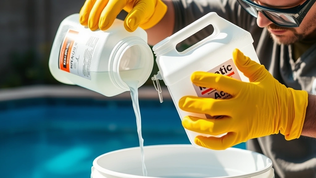 Person carefully pouring muriatic acid from plastic container into bucket of water outdoors, wearing safety goggles and chemical-resistant gloves, with pool in soft focus background
