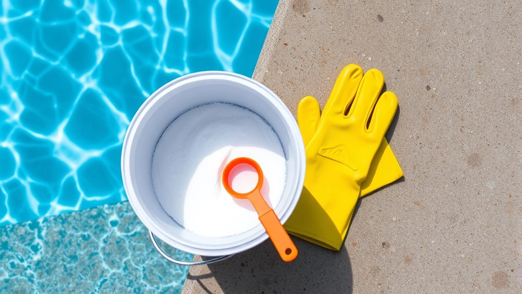 Overhead view of pool chemical bucket with sodium bisulfate powder, measuring scoop, and safety gloves on concrete pool deck