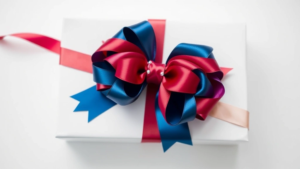 Completed multi-loop wired ribbon bow in rich jewel tones displayed on white surface, showing dimensional layered loops and elegant ribbon tails, professional florist-quality bow with decorative embellishments visible