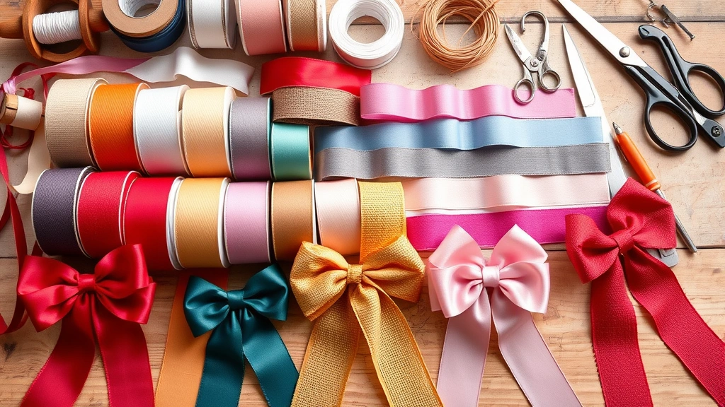 Array of different wired ribbon styles and colors arranged on craft table with floral wire, scissors, and completed bow examples, showing variety of textures from satin to burlap and ribbon widths for different applications