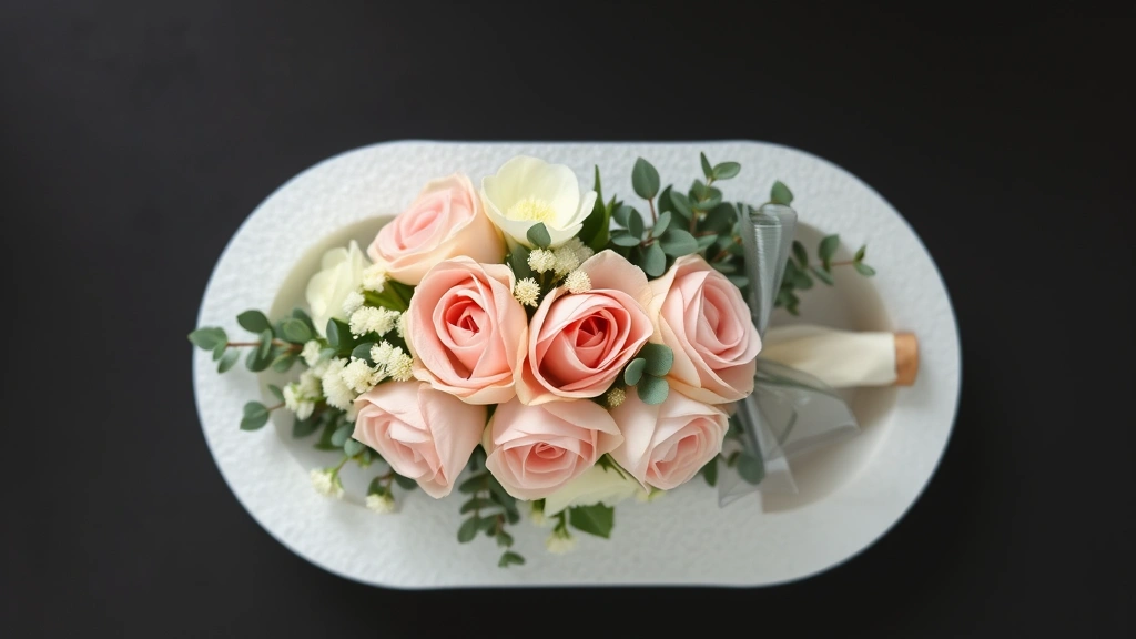 Overhead view of a partially assembled corsage in floral foam showing pale pink roses, white waxflower, and eucalyptus greenery arranged in an oval base, with wrapped stems visible