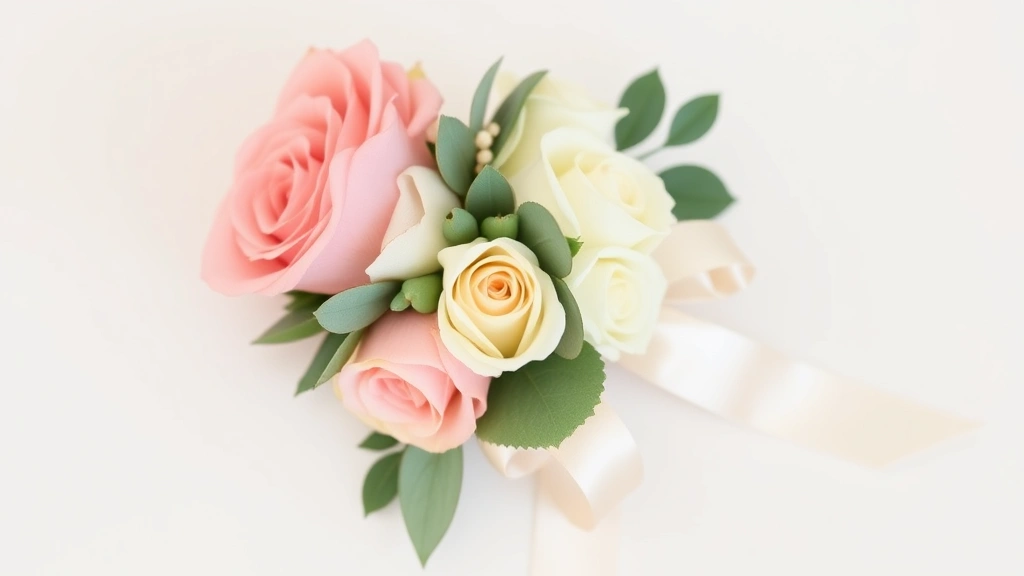 Finished wrist corsage with blush pink roses, ivory spray roses, and sage green foliage wrapped in champagne satin ribbon with a delicate bow, ready to wear on white background