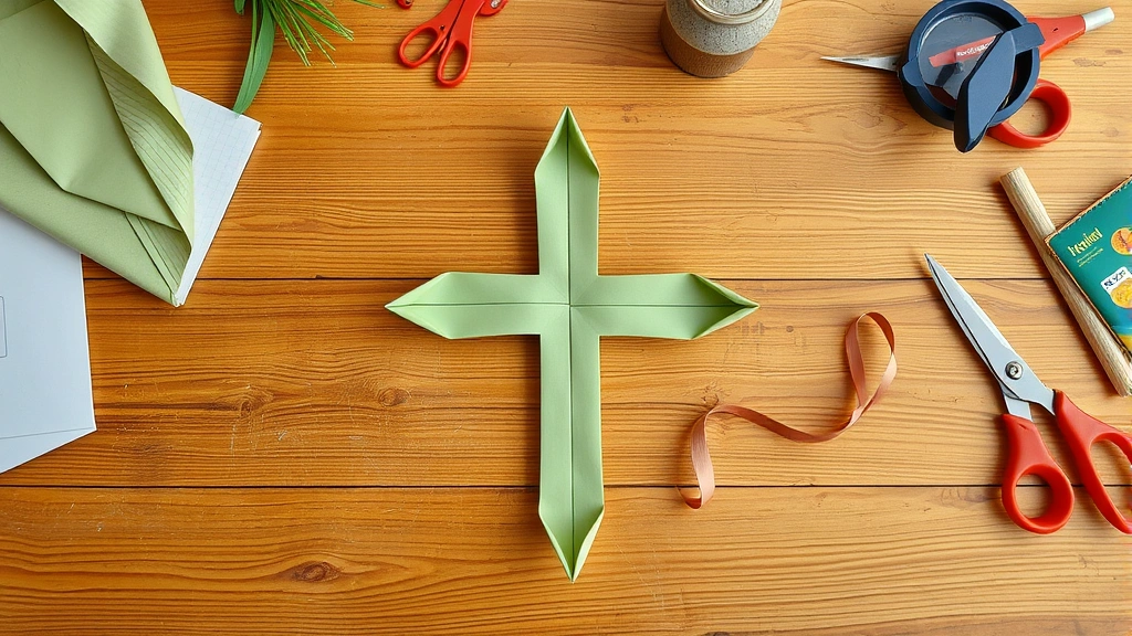 Overhead view of a partially completed palm cross in progress on a wooden craft table, showing the folding technique with the cross shape beginning to form, surrounded by craft supplies