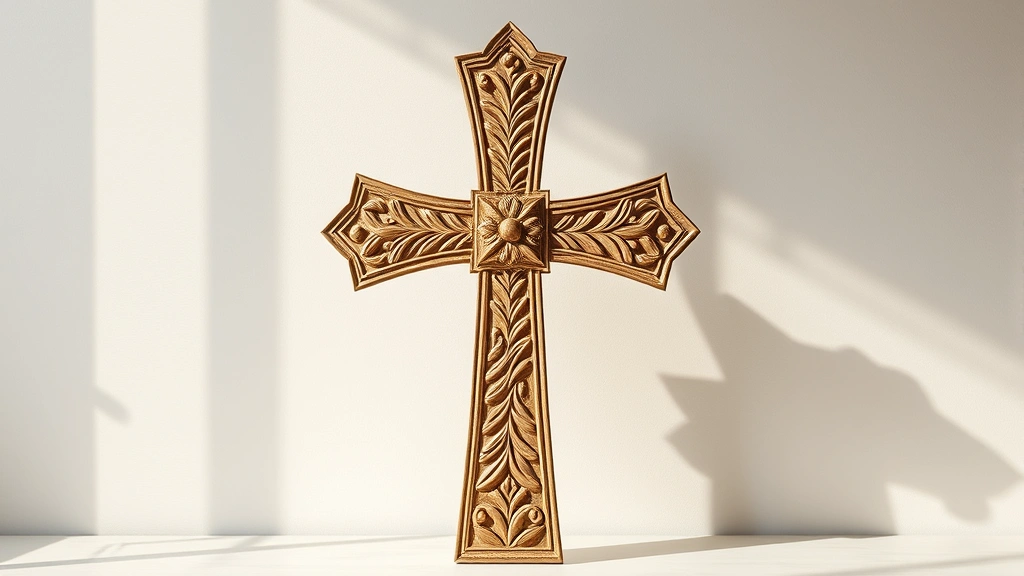 Finished ornate palm cross displayed upright against a neutral background, showcasing the intricate weaving pattern and layered structure with natural lighting highlighting the frond details and shadows