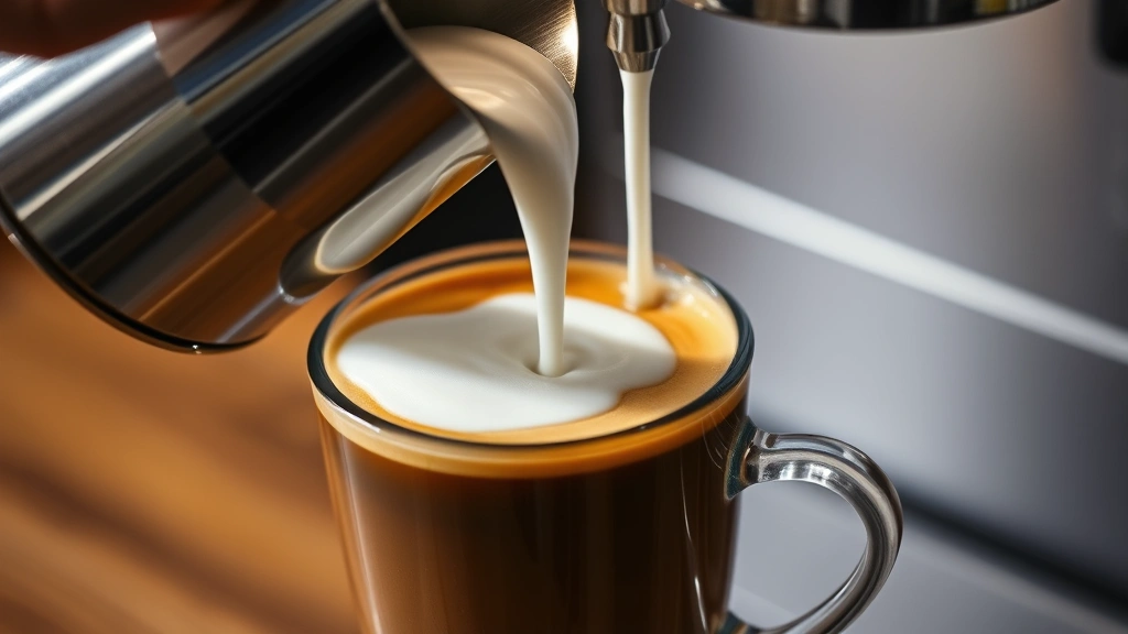 Stainless steel milk pitcher pouring velvety microfoam into espresso cup creating a latte, white foam cascading into dark brown espresso, professional coffee shop lighting, side angle view