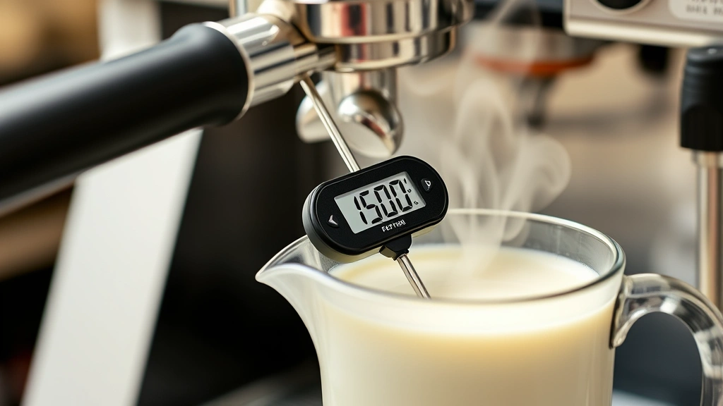 Digital thermometer inserted in steaming milk pitcher showing 150 degrees Fahrenheit, steam wand creating foam, professional espresso machine in background, close-up detail shot