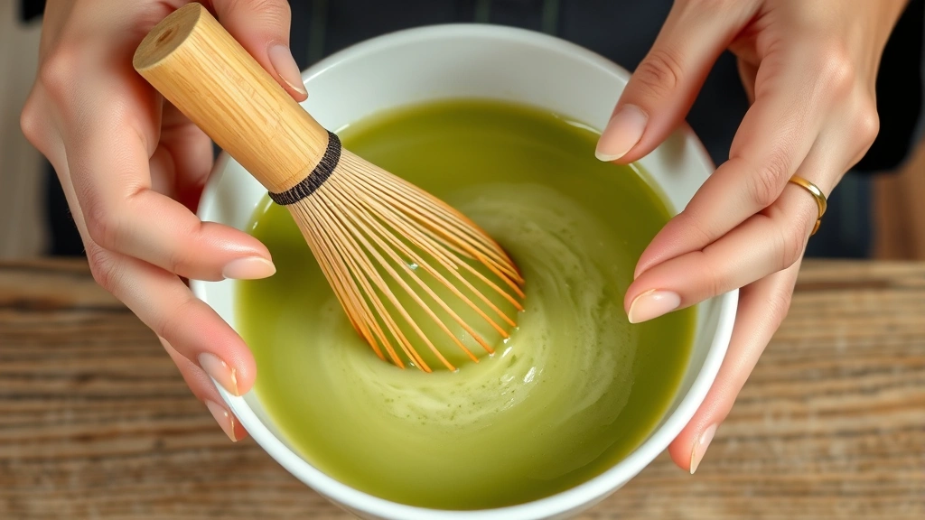 Hands holding traditional bamboo matcha whisk performing M-shaped whisking motion in white matcha bowl with hot water, creating creamy green foam, detailed action shot showing proper technique