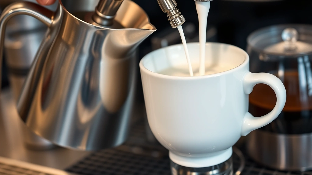 Stainless steel milk pitcher with steam wand creating microfoam, milk thermometer visible, white ceramic cup with whisked matcha base waiting to be filled, professional coffee shop setting