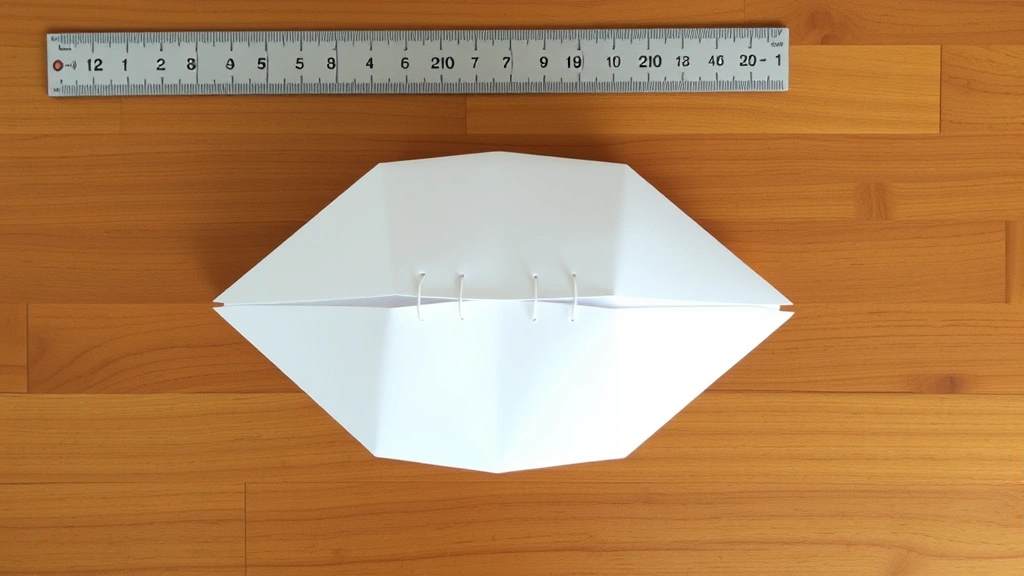 Overhead view of a completed paper football sitting on a wooden table surface next to a ruler, showing the finished pointed shape and symmetrical design