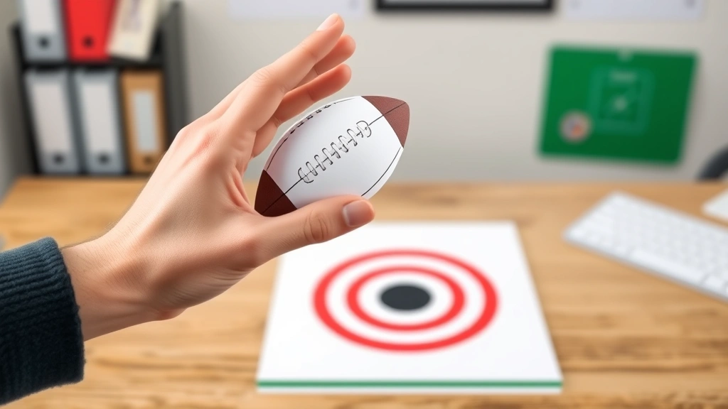 Action shot of a hand flicking a paper football across a desk toward a target, demonstrating the throwing technique with the football in mid-flight