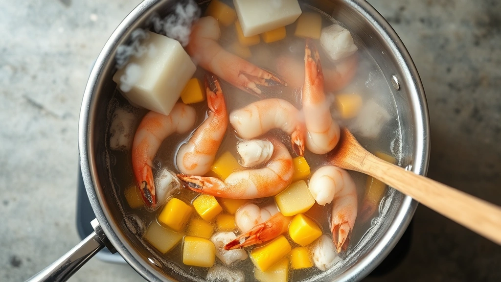 Large stainless steel pot with boiling water, steam rising, containing shrimp, crab legs, yellow corn pieces, and potatoes at rolling boil, overhead view with wooden spoon visible