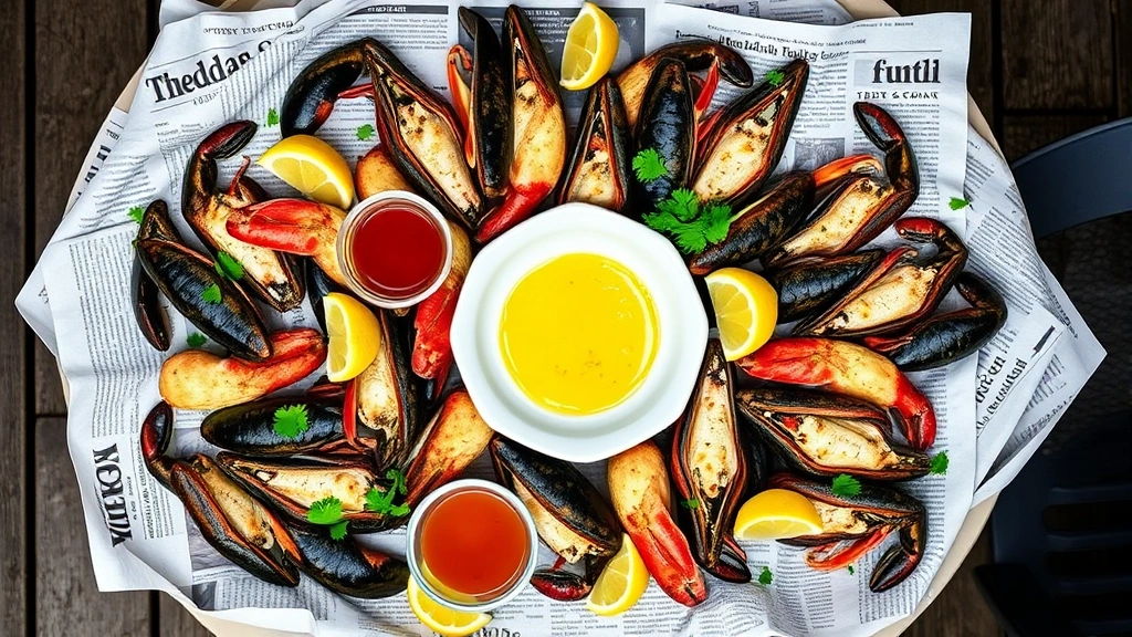 Overhead shot of finished seafood boil spread on newspaper-covered table with melted butter in white bowl, cocktail sauce, fresh parsley garnish, lemon wedges scattered around, rustic outdoor patio setting